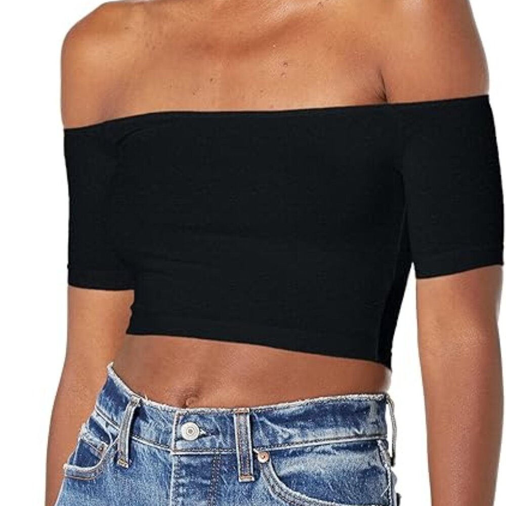 American Apparel Women's Cotton Spandex Off-Shoulder Short Sleeve Top, black, XS